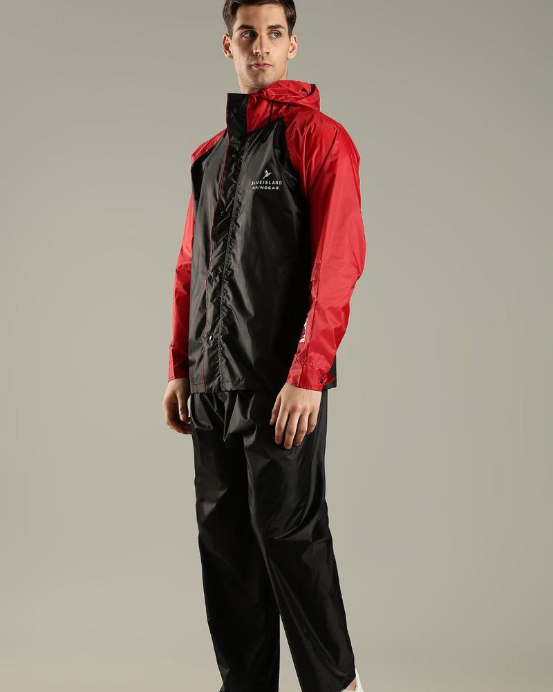 Black with Bright Red - Rain Jacket with Mobile Pouch