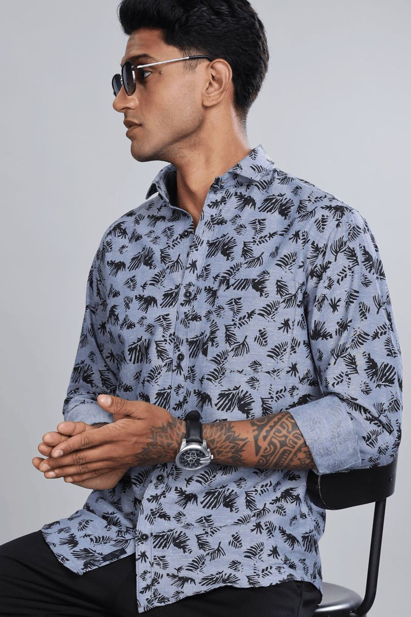 Bluish Grey & Black Leaf Print -Full-Stain Proof