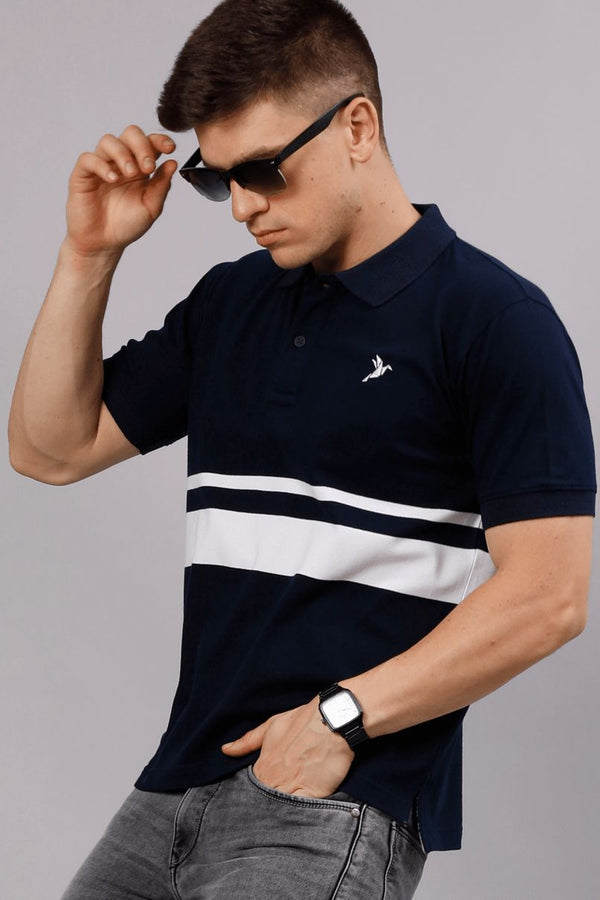 Navy with White Double Stripes TShirt - Stain Proof
