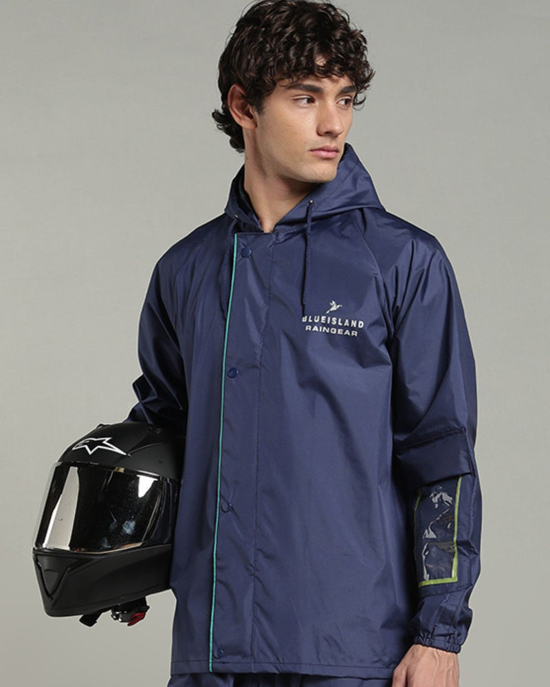 Matte Navy with Teal Border - Rain Jacket with Pant & Mobile Pouch