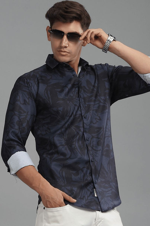 Blue & Black Floral Printed Shirt -Full- Wrinkle Free