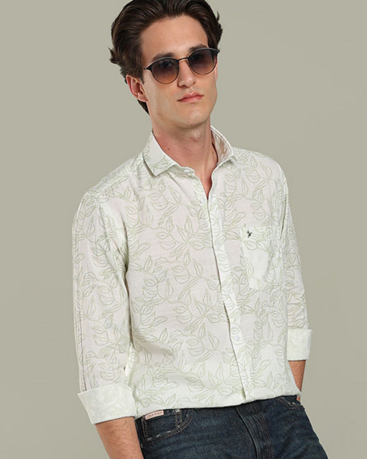 White & Green Leaf Print - Full-Stain Proof