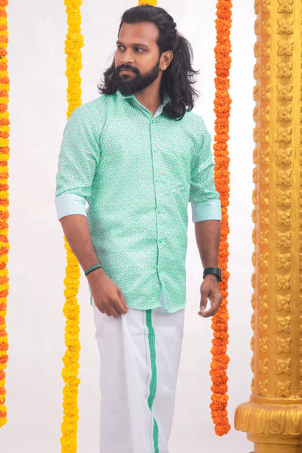 Turquoise Green Printed - Group Shirt and Matching Dhoti