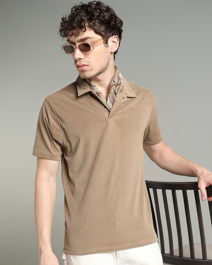 Tan Brown Geometric Textured - Polo Tshirt
