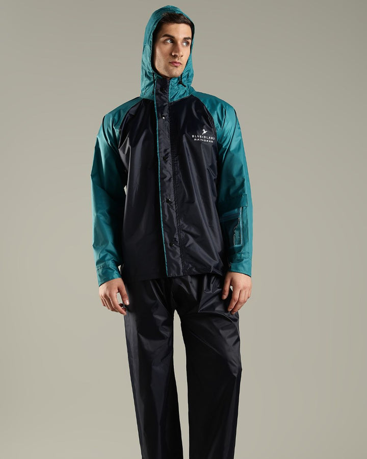 Navy Blue with Teal - Rain Jacket with Pant and Mobile Pouch