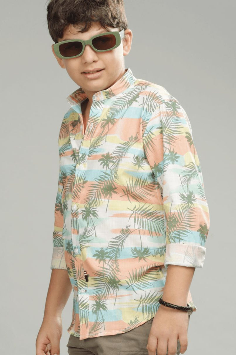 KIDS - Tropical Sunset Print-Chinese Collar-Stain Proof Shirt