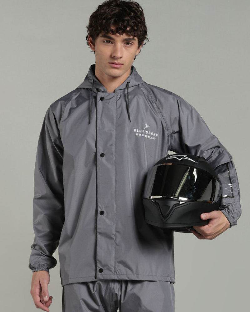 Silver Grey with Black Border - Rain Jacket with Pant & Mobile Pouch