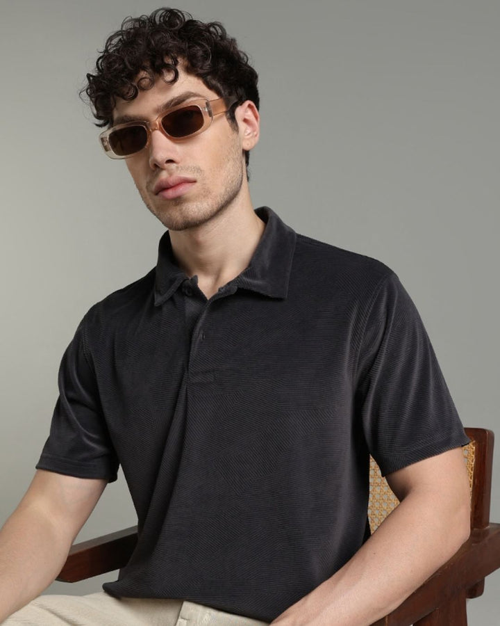 Iron Grey Geometric Textured - Polo Tshirt
