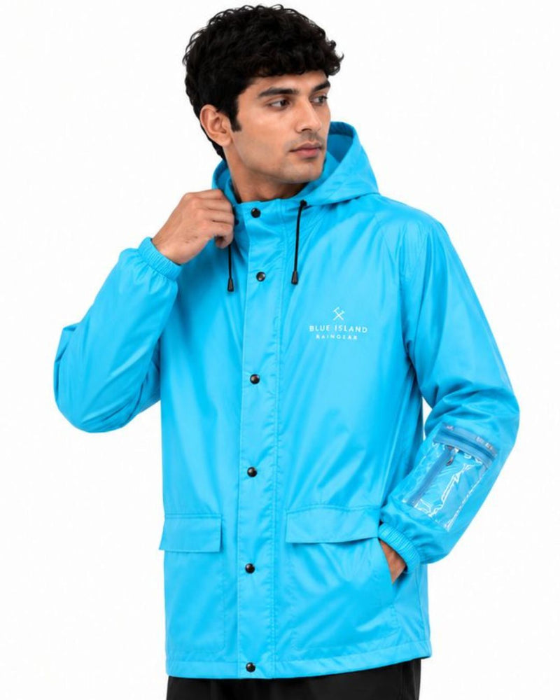 Sky Blue - Rain Jacket with Black Pant and Mobile Pouch