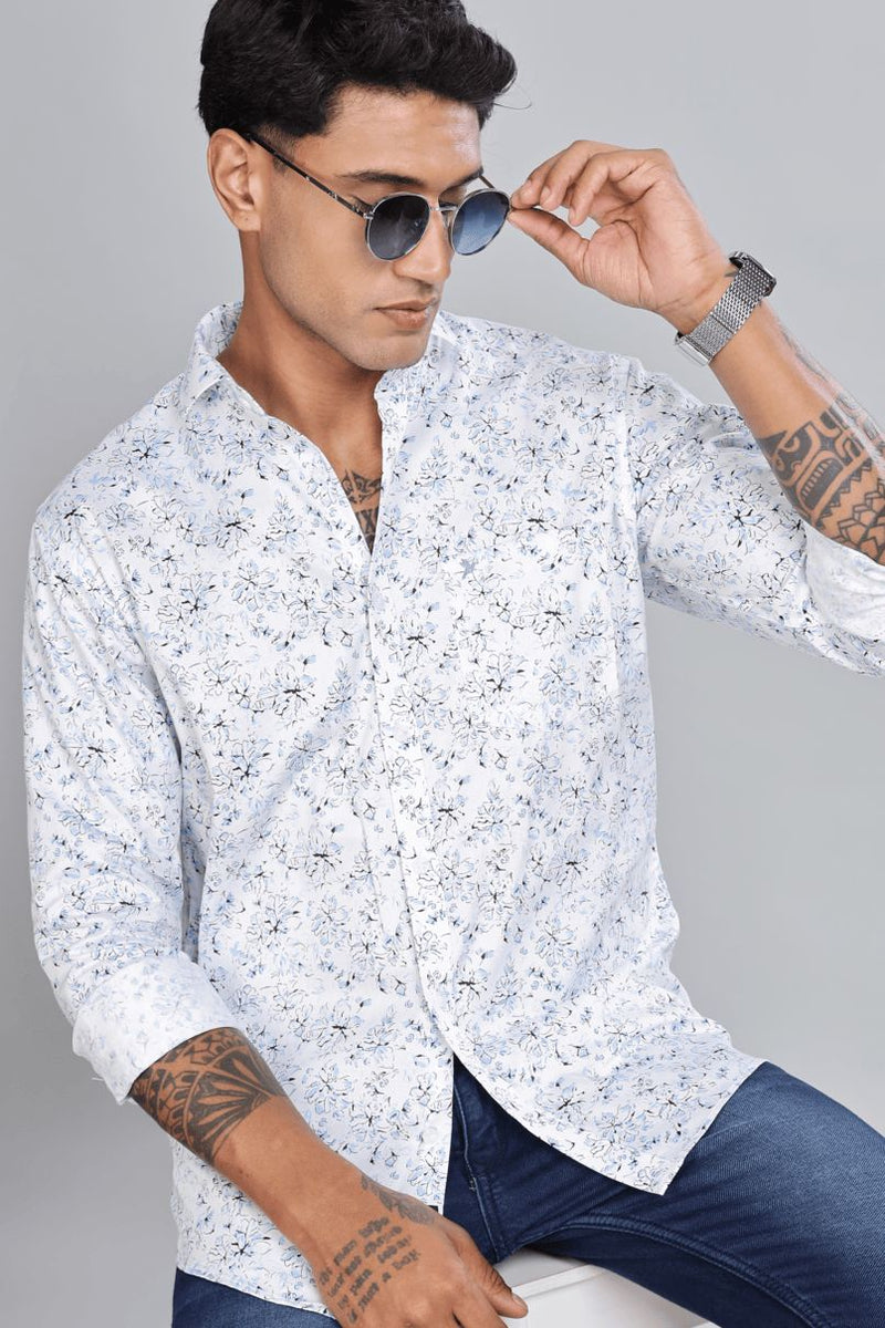 Elegant White & Blue Floral Print -Full-Stain Proof