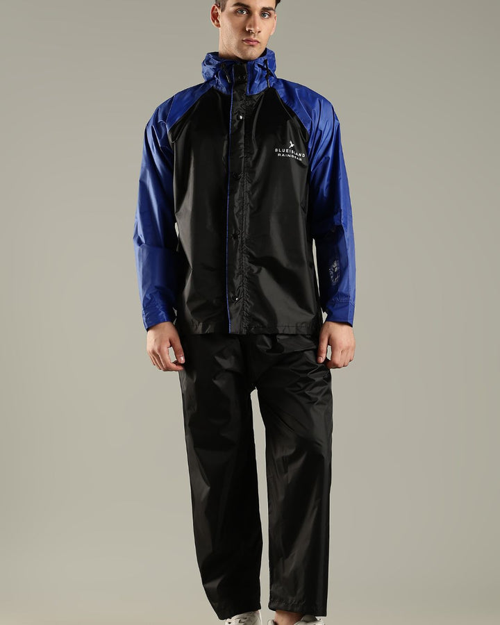 Black with Royal Blue - Rain Jacket with Pant and Mobile Pouch