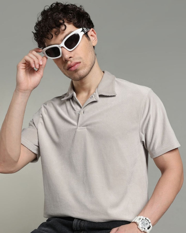 Dusty Cream Geometric Textured - Polo Tshirt