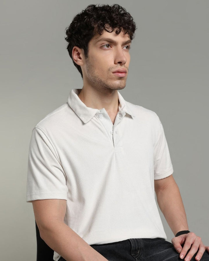 Soft White Geometric Textured - Polo Tshirt