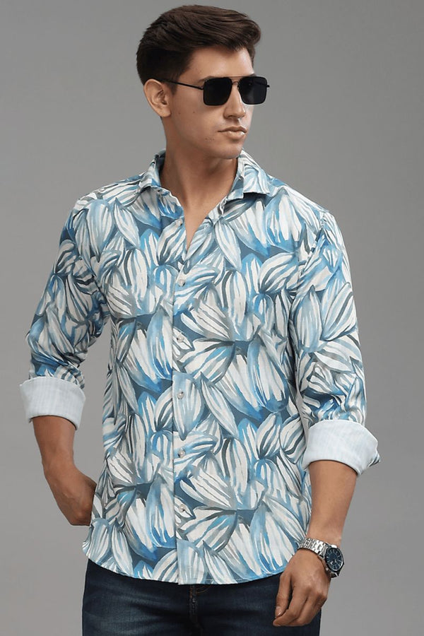 White & Blue Leaf Printed Shirt - Full - Wrinkle Free