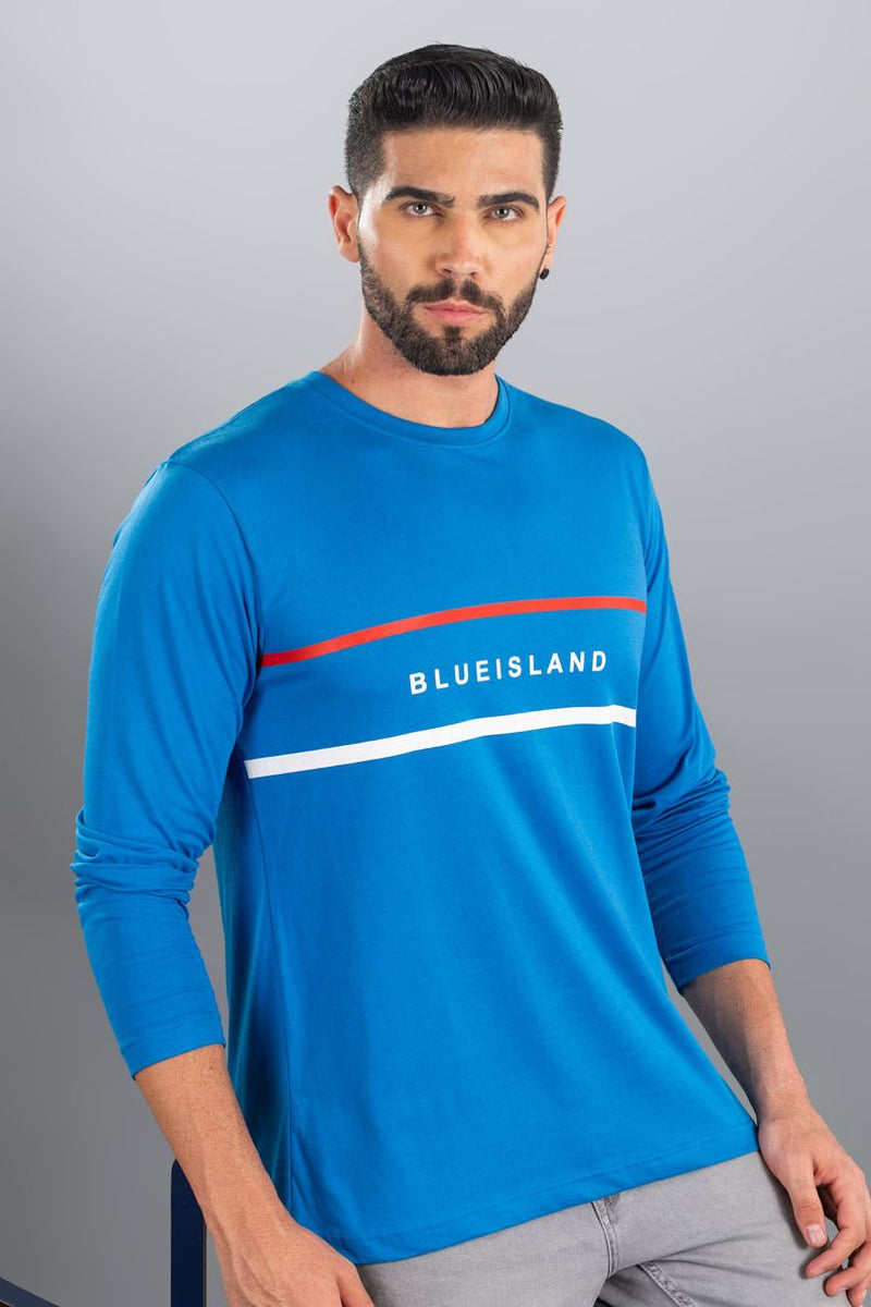 Blue Double Stripes- Full Sleeve TShirt - Stain Proof
