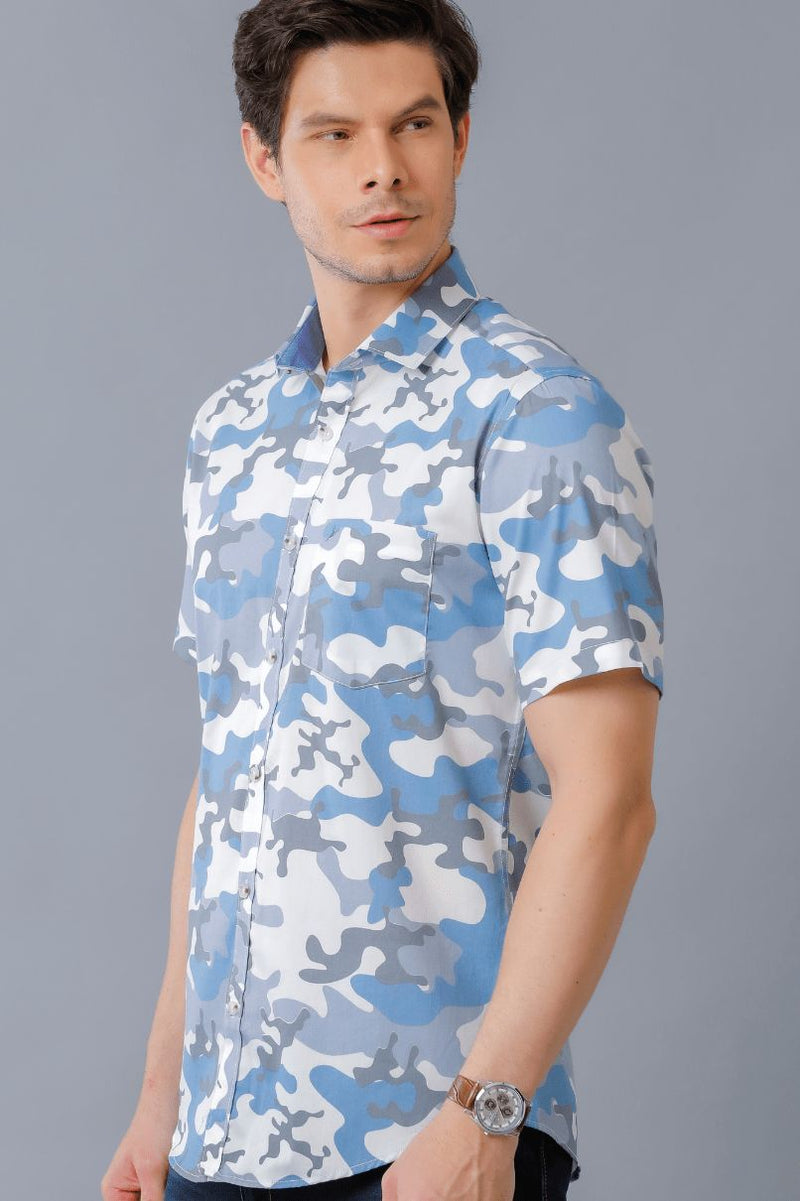 White & Blue Camouflage Print - Half Sleeve - Stain Proof