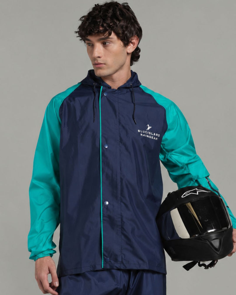Navy with Teal Sleeve - Rain Jacket with Pant & Mobile Pouch