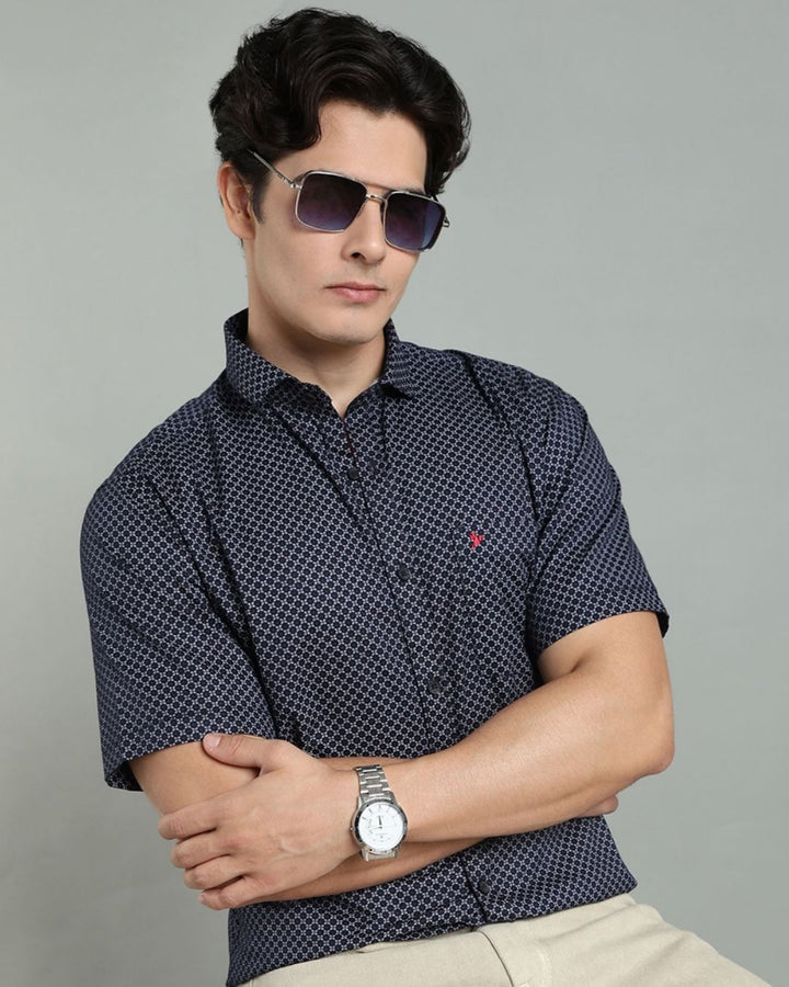 Navy Round Print -Half-Stain Proof