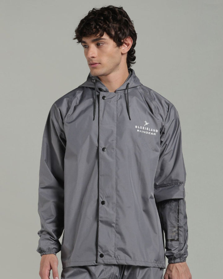 Silver Grey with Black Border - Rain Jacket with Pant & Mobile Pouch