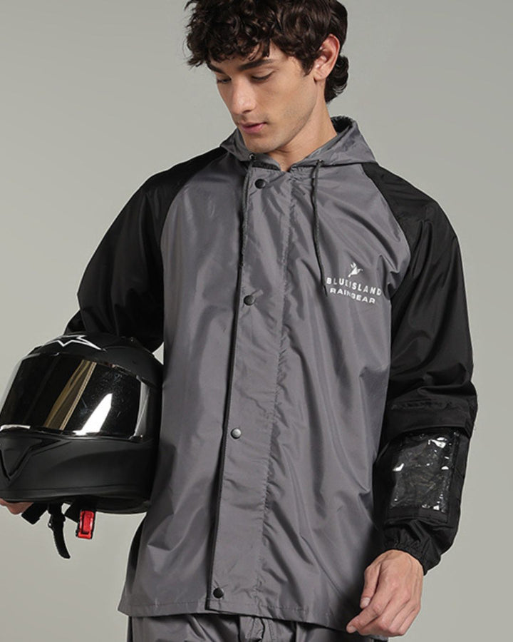 Grey with Black Sleeve - Rain Jacket with Pant & Mobile Pouch