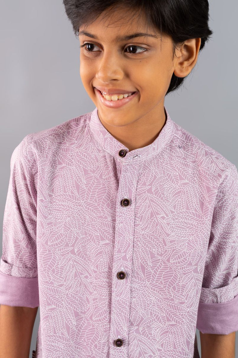 KIDS - Dusty Pink Floral Print Chinese Collar-Stain Proof Shirt