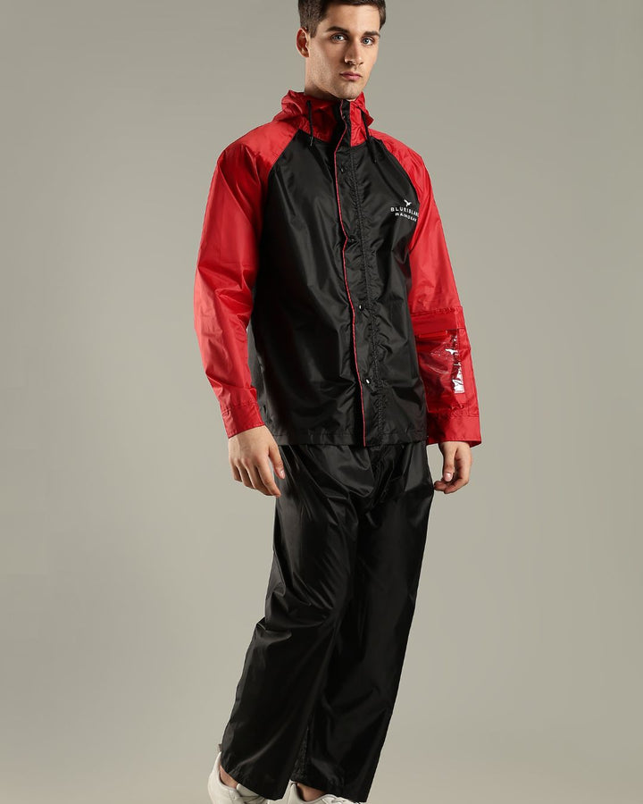 Black with Wine Red - Rain Jacket with Pant and Mobile Pouch