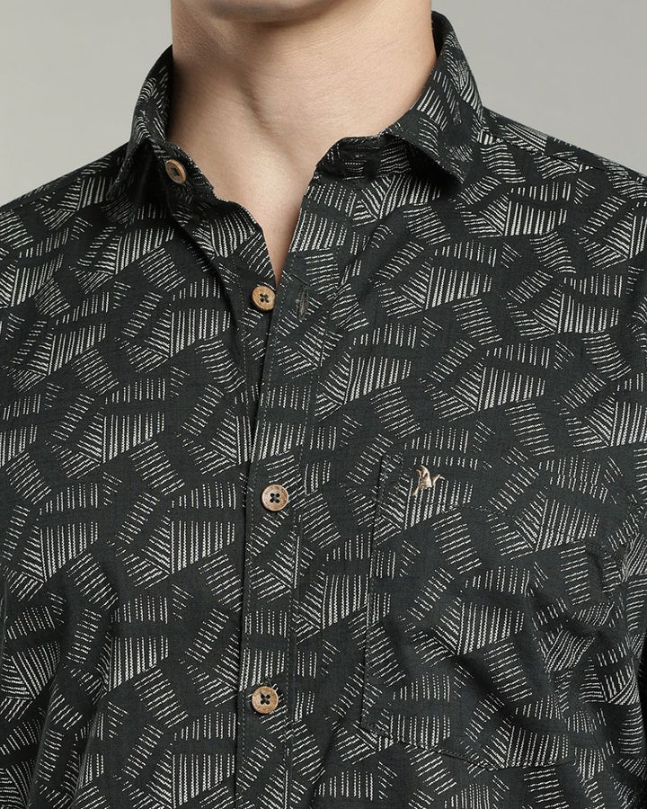 Dark Green Geometric Print-Full-Cotton Linen Shirt
