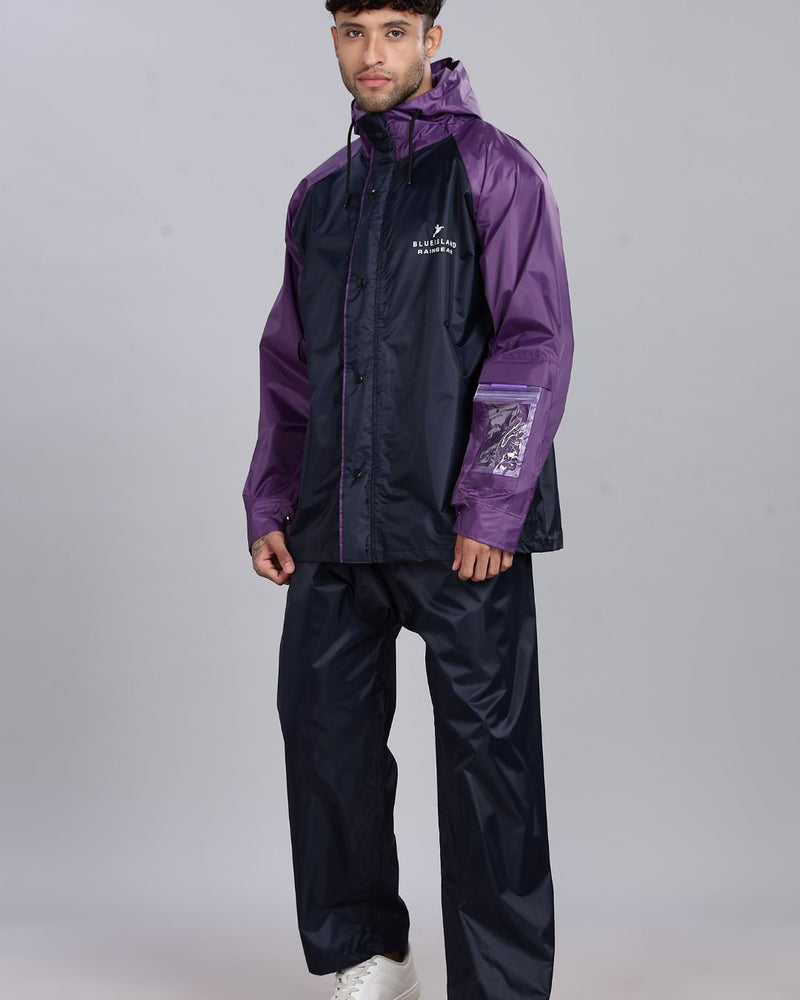 Navy Blue with Violet - Rain Jacket with Pant and Mobile Pouch