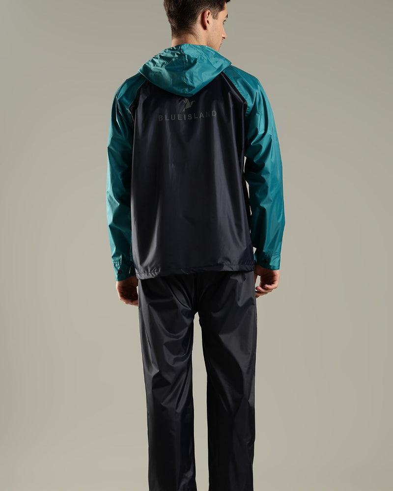 Navy Blue with Teal - Rain Jacket with Mobile Pouch