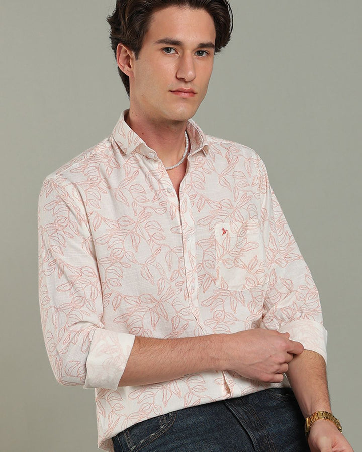 White & Red Leaf Print -Full-Stain Proof
