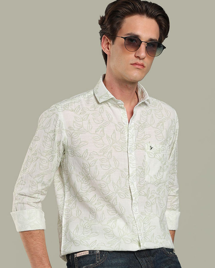 White & Green Leaf Print - Full-Stain Proof