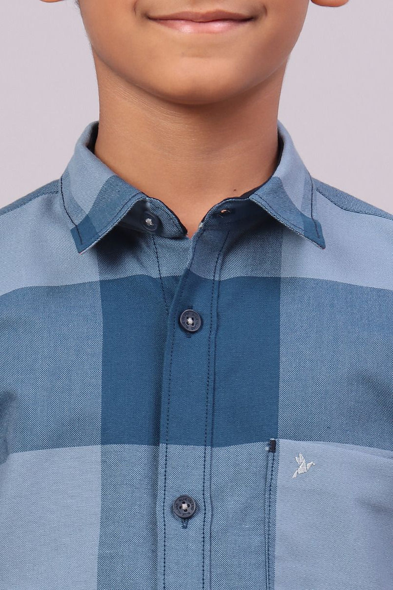 KIDS - Teal Blue Box Checks-Half-Stain Proof Shirt