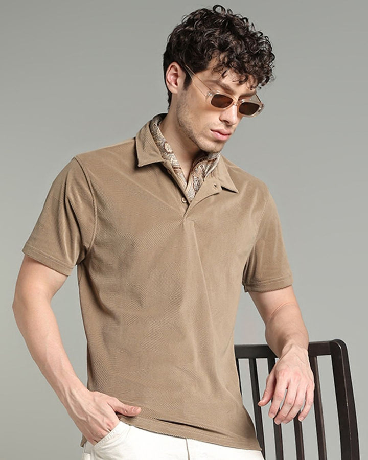 Tan Brown Geometric Textured - Polo Tshirt