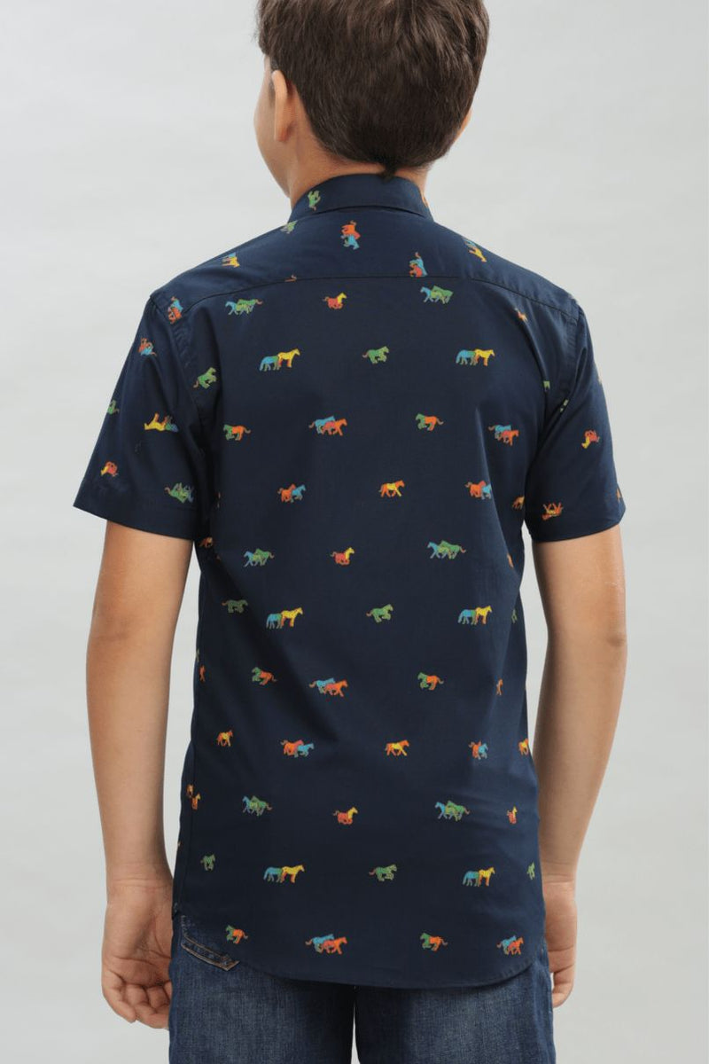 KIDS - Navy Horse Print - Half-Stain Proof Shirt