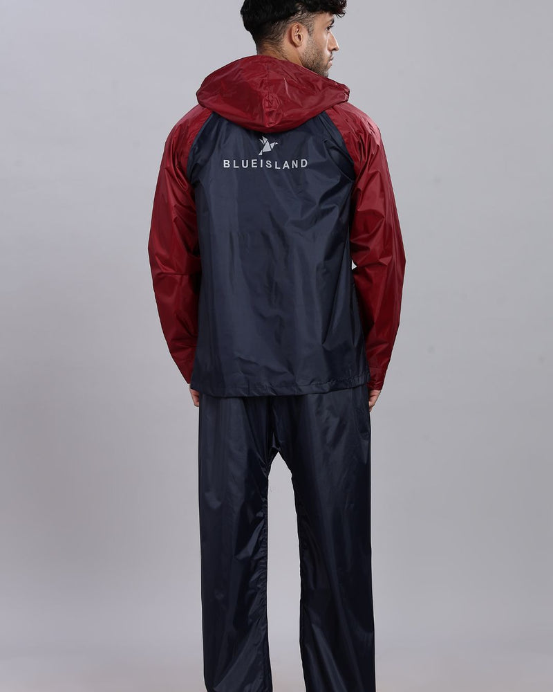 Navy Blue with Maroon - Rain Jacket with Pant and Mobile Pouch