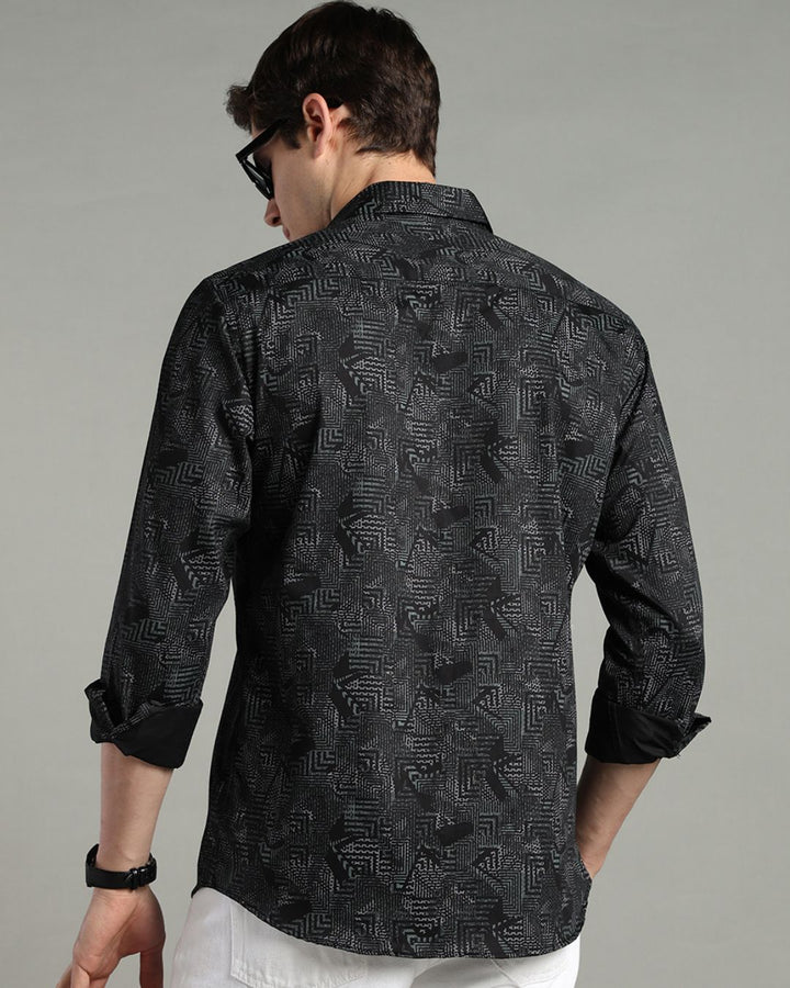 Black Tribal Print-Full-Cotton Linen Shirt
