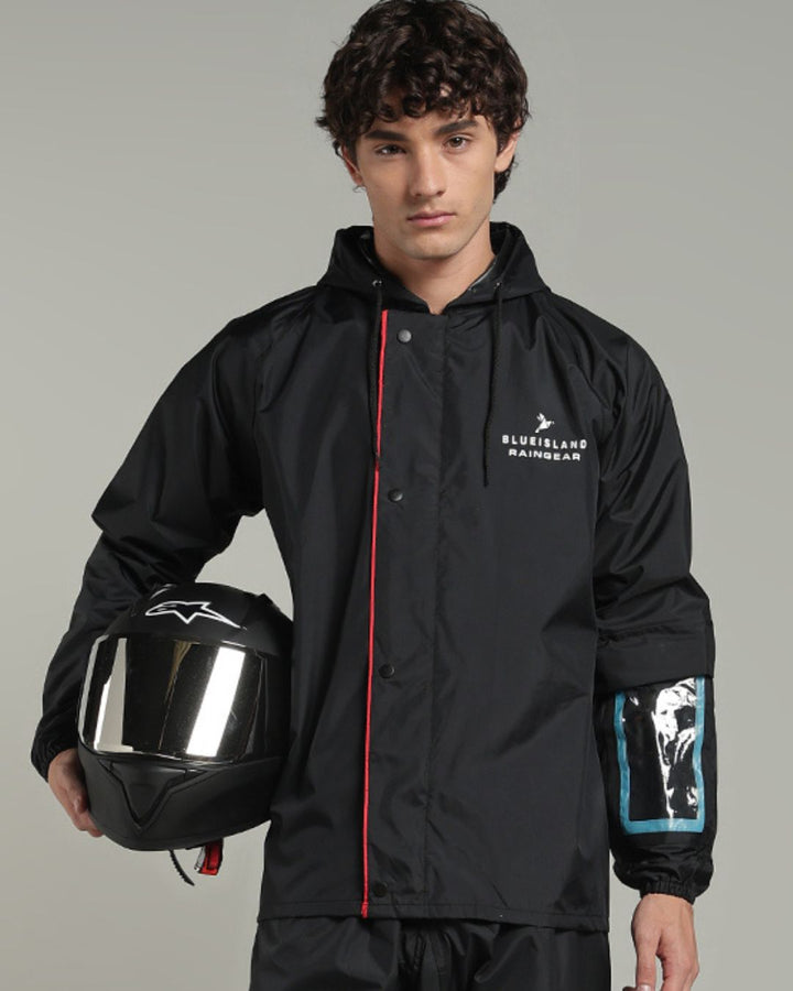 Matte Black with Red Border - Rain Jacket with Pant & Mobile Pouch