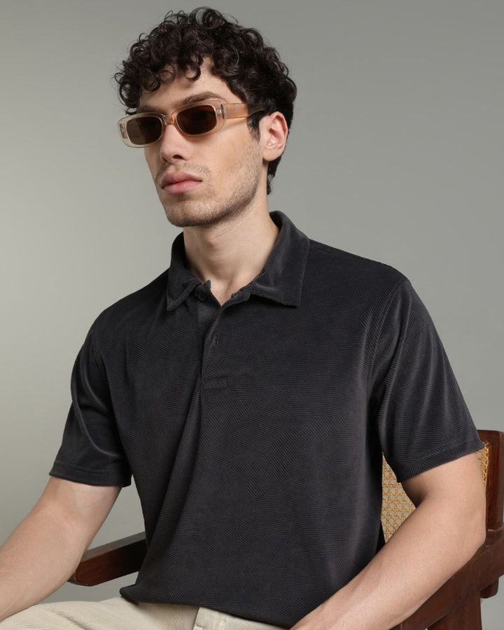 Iron Grey Geometric Textured - Polo Tshirt