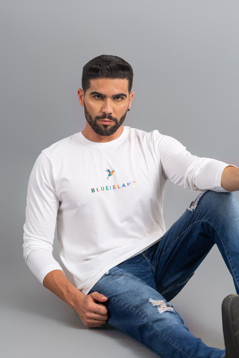 White with Multi Colour - Full Sleeve TShirt - Stain Proof