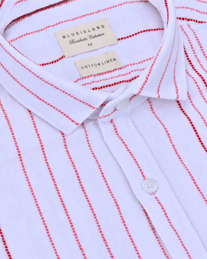 White & Red Multi Line Stripes-Full-Cotton Linen Shirt