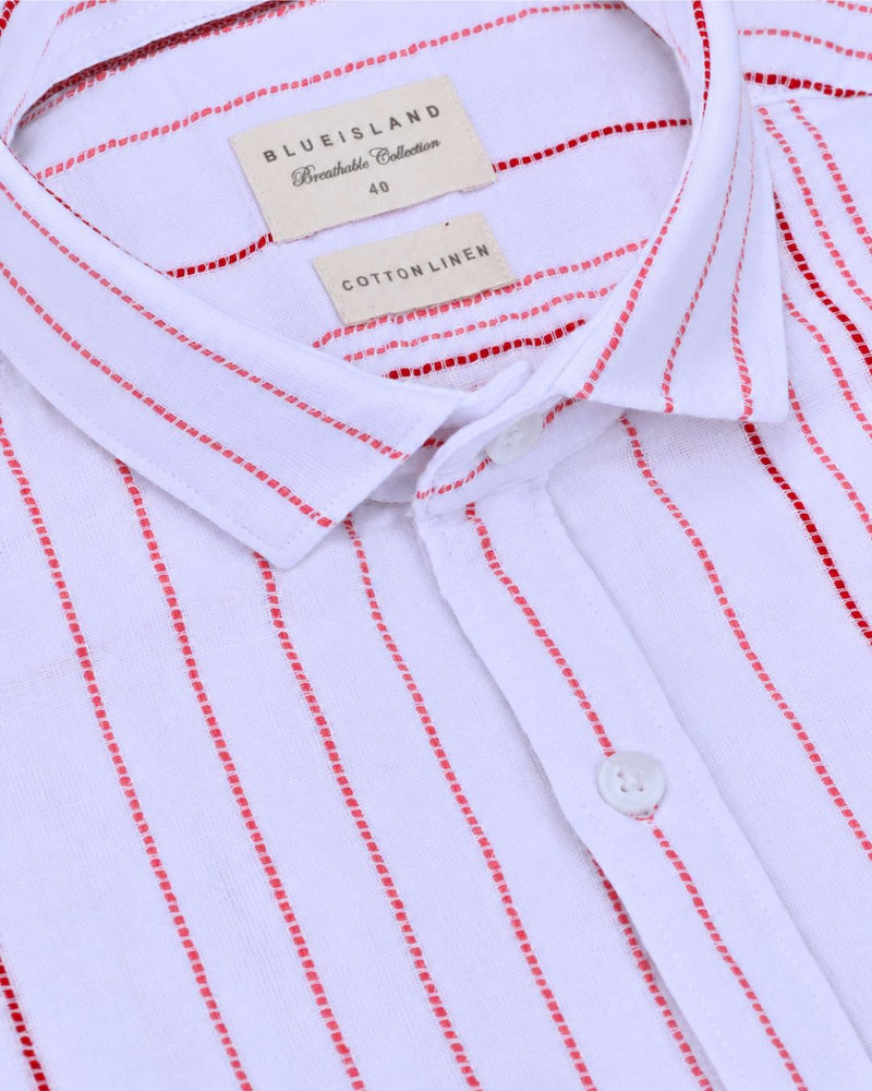 White & Red Multi Line Stripes-Full-Cotton Linen Shirt
