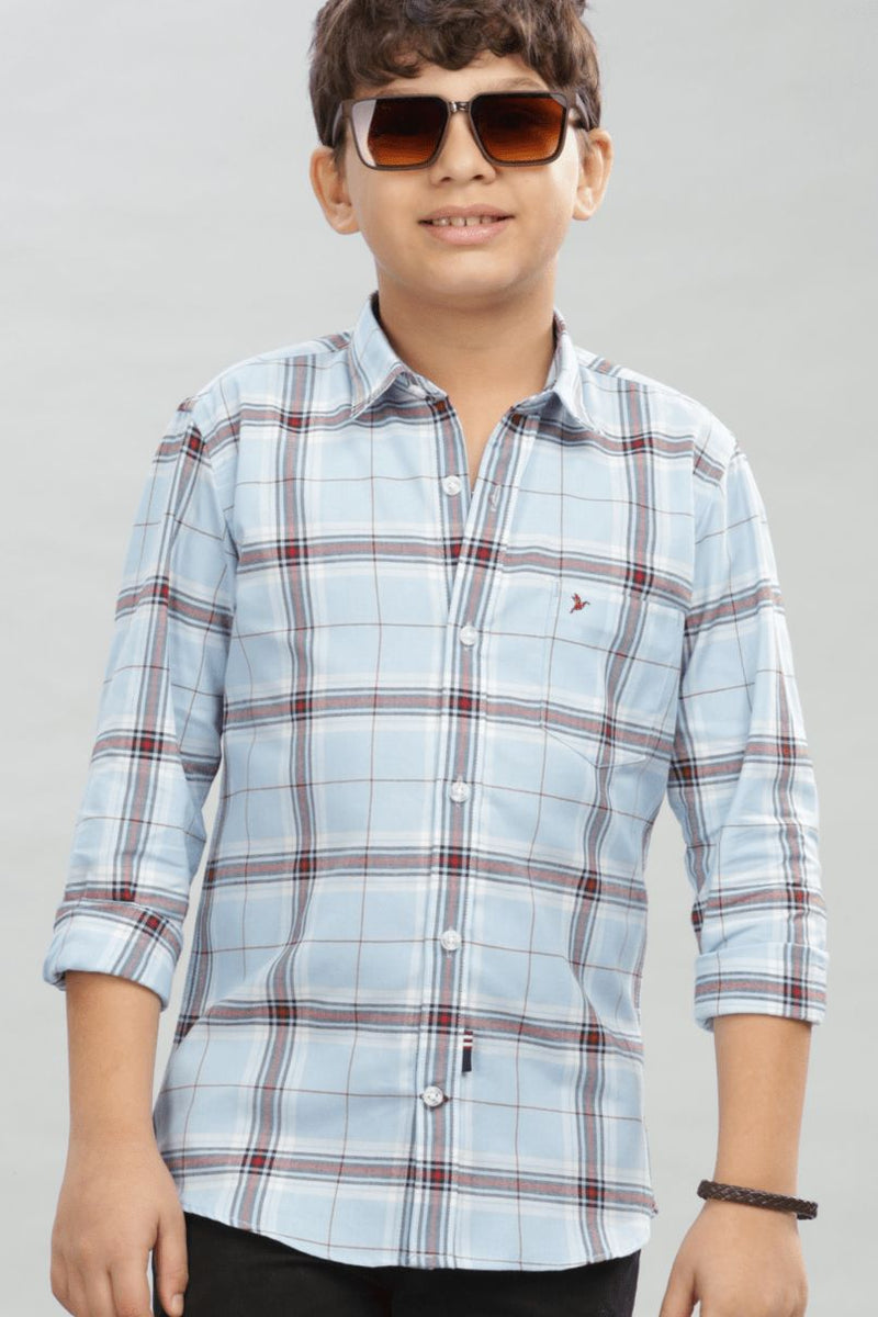 KIDS - Ice Blue & Red Checks-Stain Proof Shirt