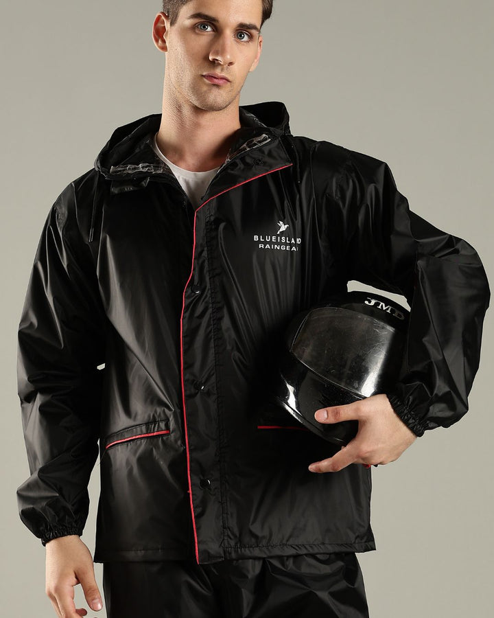 Black with Red Border - Rain Jacket with Pant and Mobile Pouch