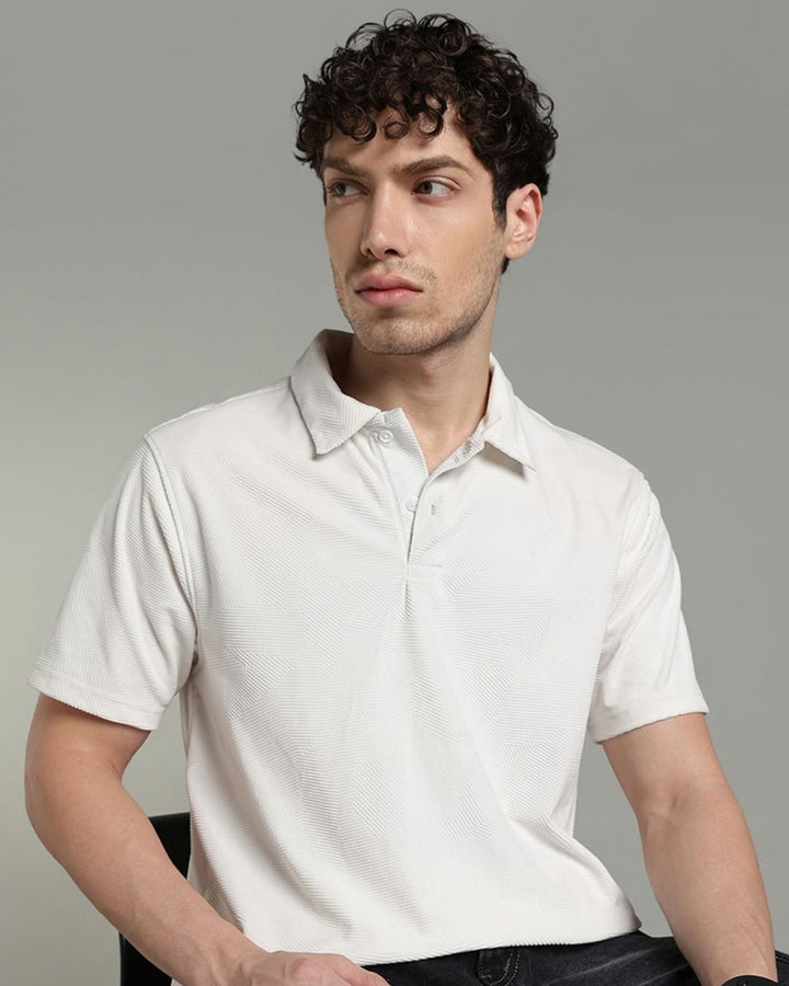 Soft White Geometric Textured - Polo Tshirt