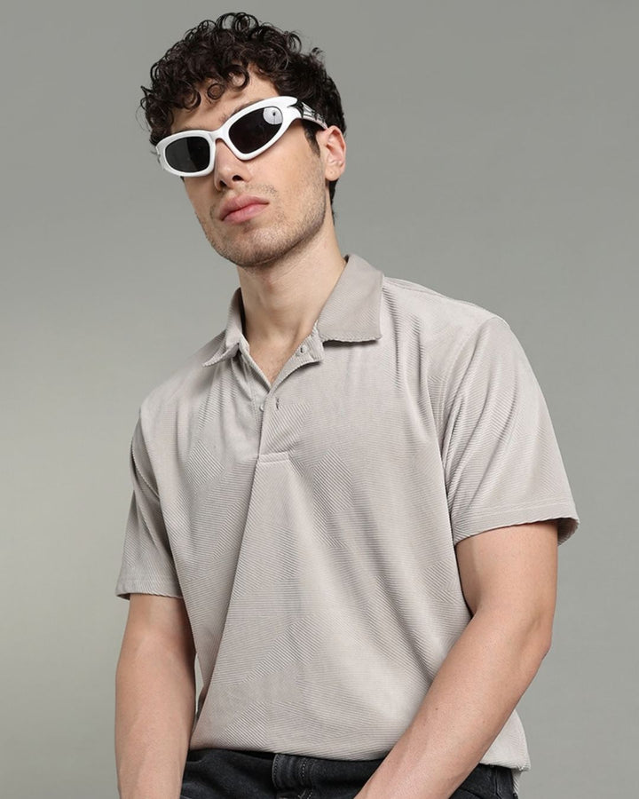 Dusty Cream Geometric Textured - Polo Tshirt