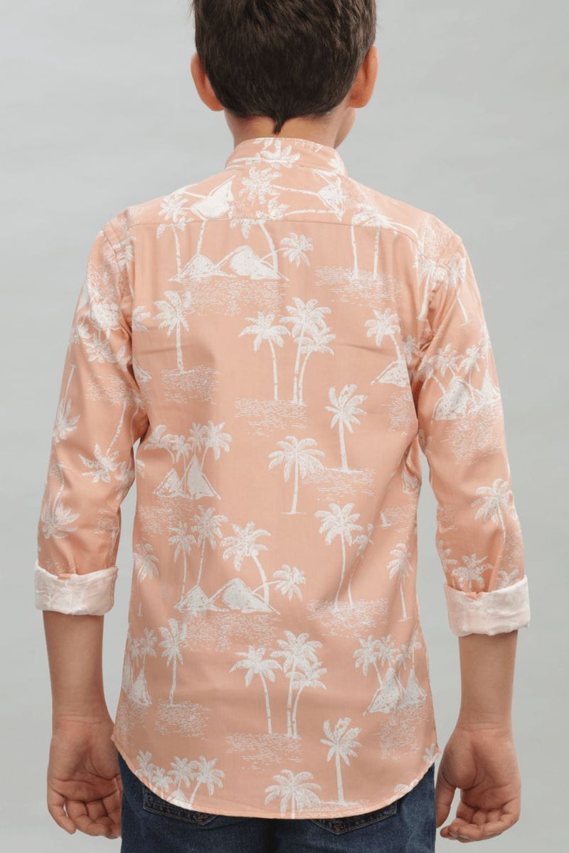 KIDS - Peachy Palm Print-Chinese Collar-Stain Proof Shirt