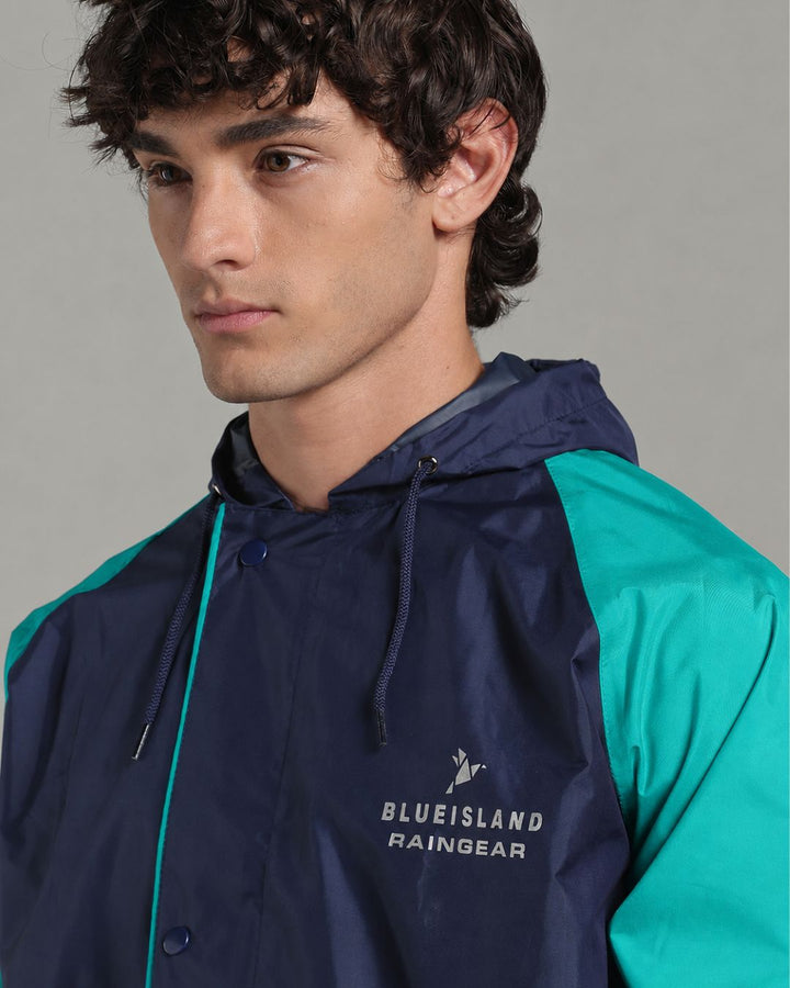 Navy with Teal Sleeve - Rain Jacket with Pant & Mobile Pouch