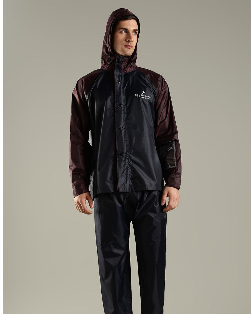 Navy with Burgundy - Rain Jacket with Mobile Pouch