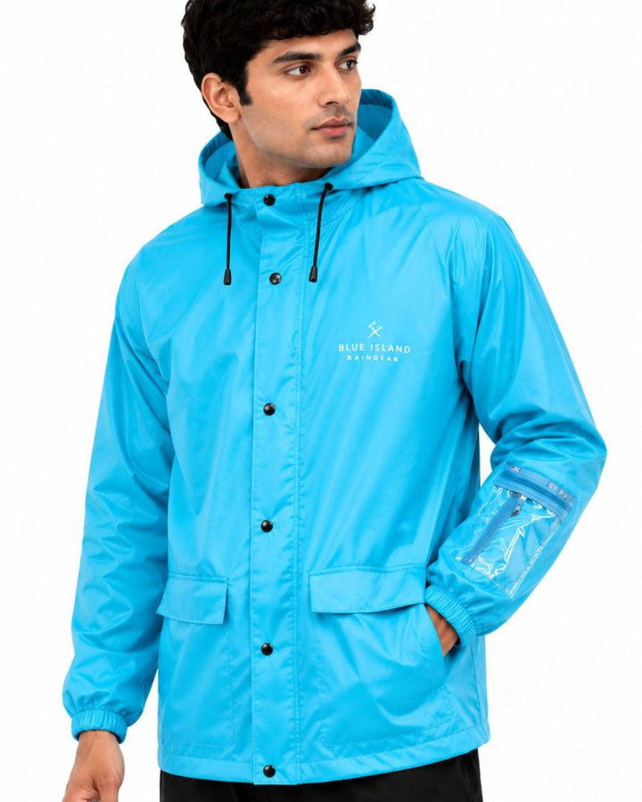 Sky Blue - Rain Jacket with Black Pant and Mobile Pouch