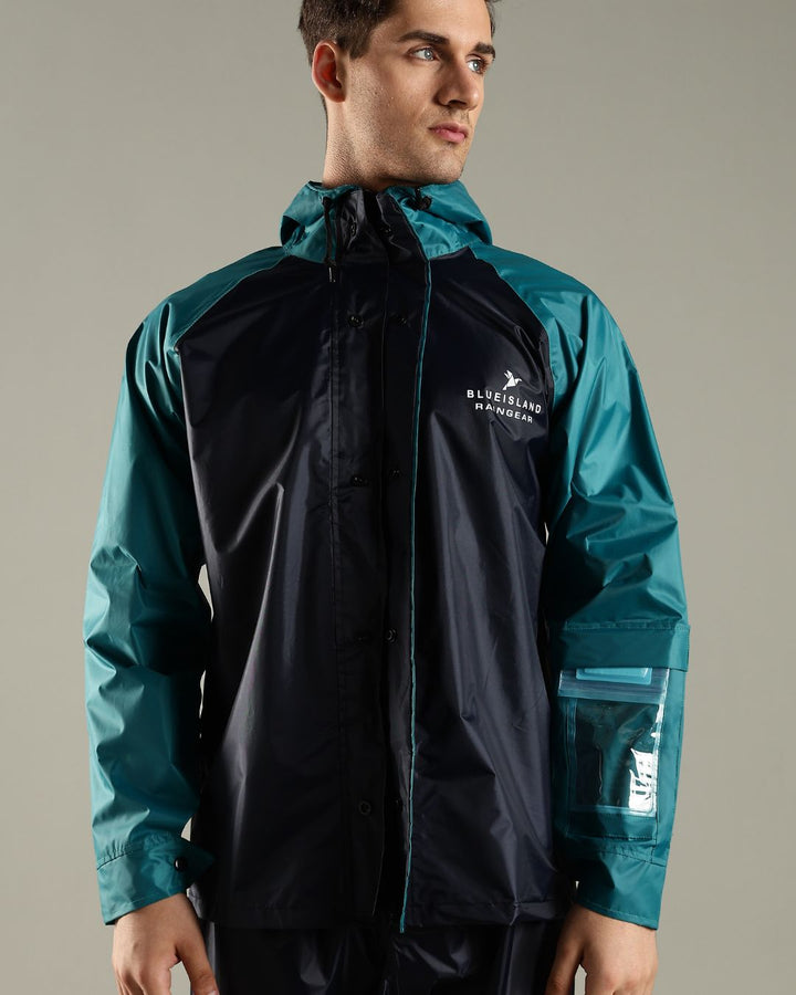 Navy Blue with Teal - Rain Jacket with Pant and Mobile Pouch
